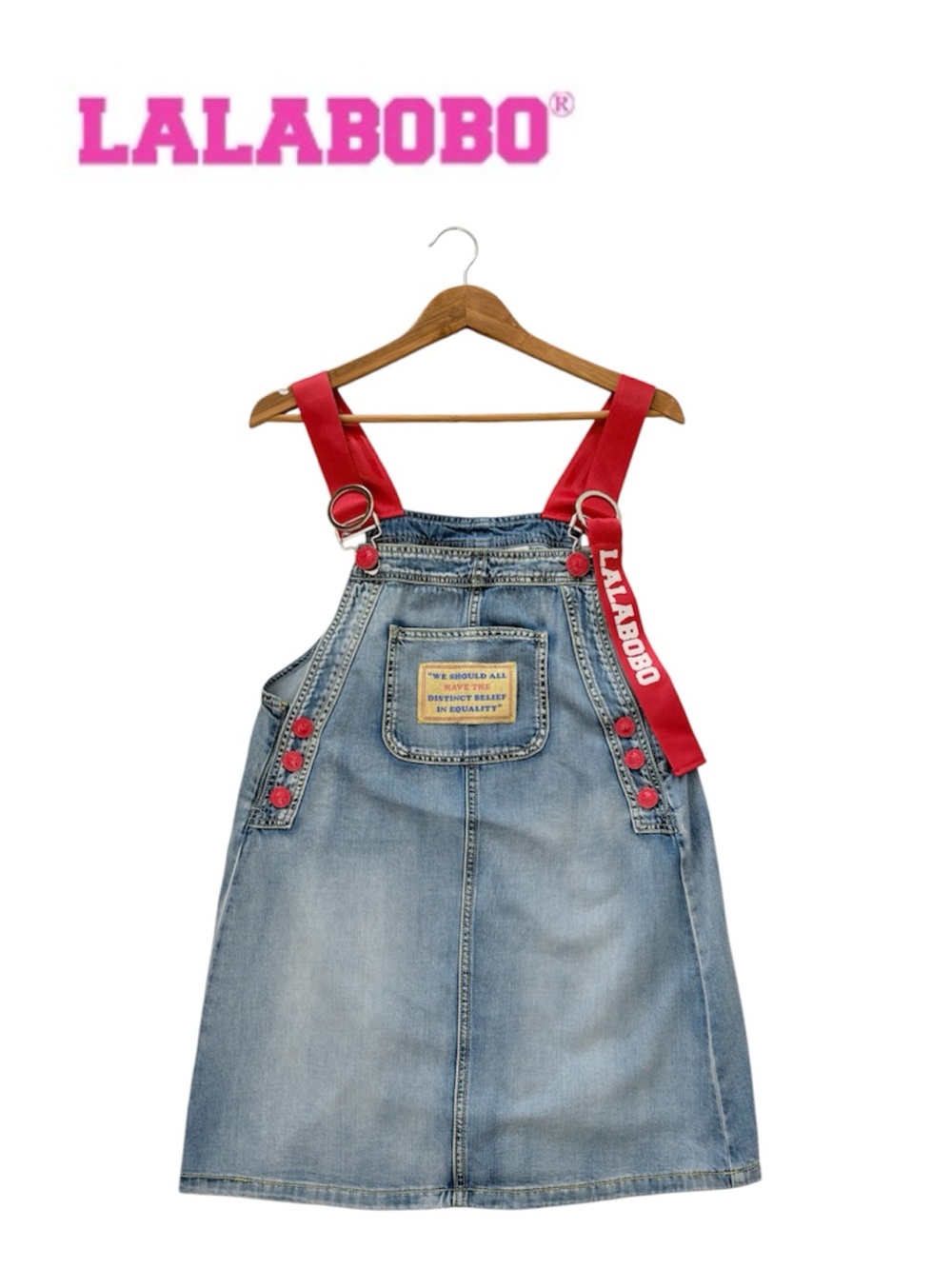 Lalabobo Denim Overall Dress with Red Straps